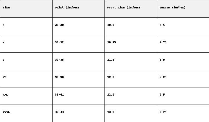 Size chart for Flatulence Filtering Boxer Briefs